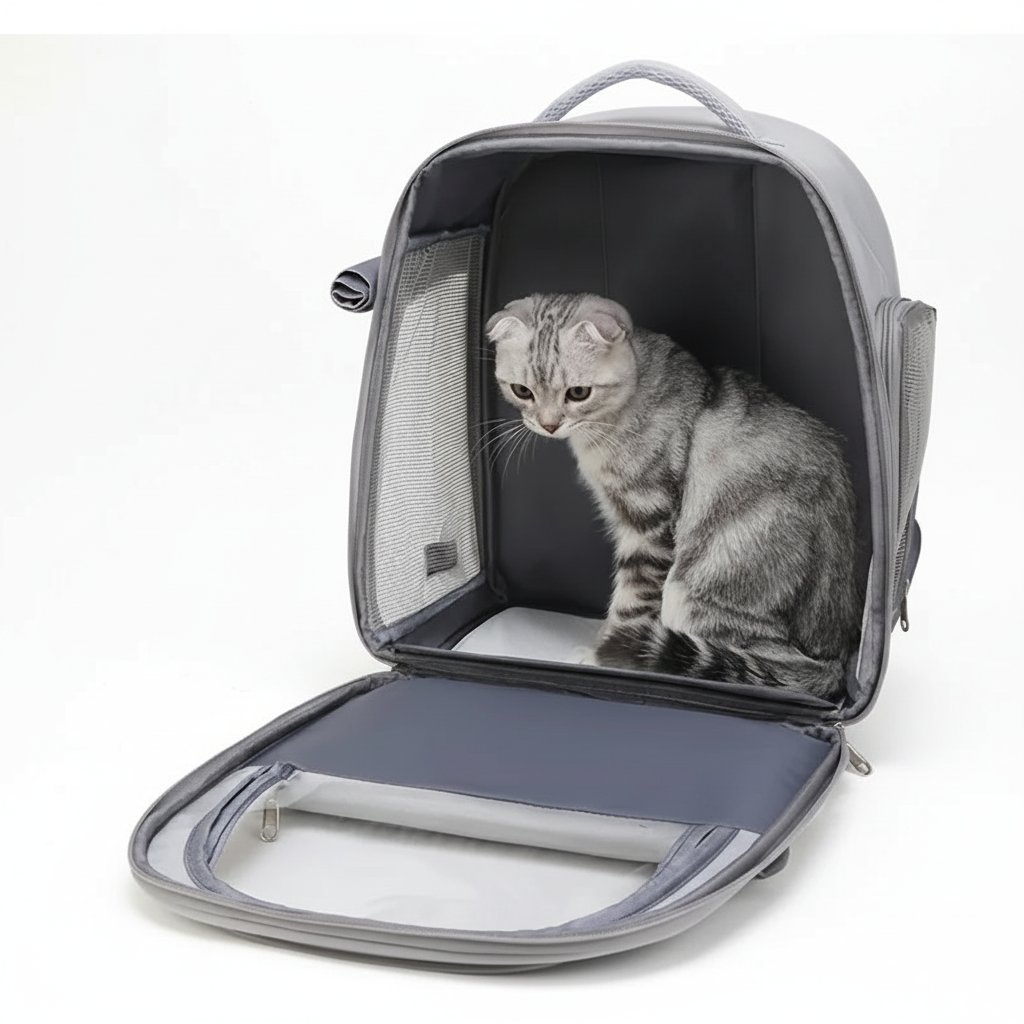 Interior espaçoso da mochila com gato confortável dentro